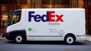 NEW YORK, JUNE 6: An electric-powered FedEx truck is parked in Lower Manhattan on June 6, 2012.