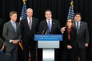 Governor Andrew Cuomo makes an announcement about SALT with a coalition of governors at the National Governors Association meeting in Washington DC in 2019.  Governor Ned Lamont, Connecticut;  Governor Phil Murphy, New Jersey;  Governor Andrew Cuomo;  Governor Kate Brown, Oregon;  Governor JB Pritzker, Illinois.