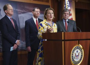 U.S. Sen. Shelley Moore Capito, R-W.Va., the Republican Party's lead negotiator on infrastructure talks, is shown last month with, from left, Sen. Pat Toomey, R-Pa., Sen. John Barrasso, R-Wyo., chairman of the Senate Republican Conference, and Sen. Roy Blunt, R-Mo.