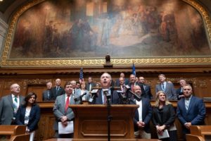 Congregation Speaker Robin Vos, R-Rochester, speaks on the proposed budget during a press conference on the Congregation floor at the Madison Capitol on Tuesday.
